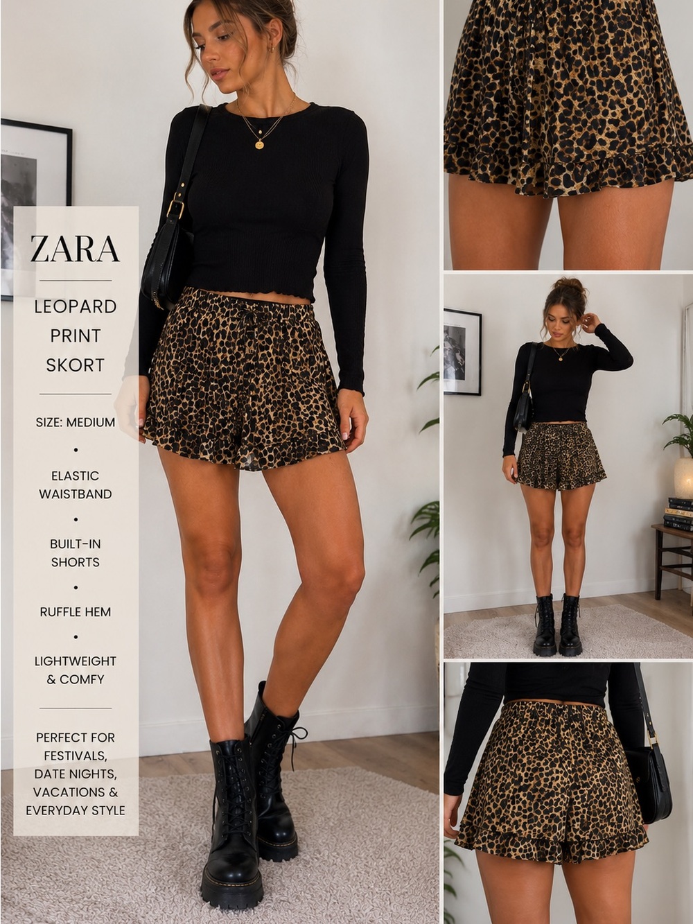 Zara Black and Tan Leopard Ruffle Skort
